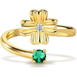 ✨ Four-Leaf Clover Birthstone Ring | Adjustable Gold Emerald Ring